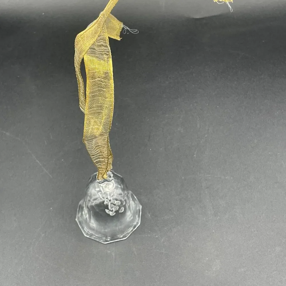 Vintage Clear Faceted Glass Crystal Christmas Bell Ornament Gold Hanging Ribbon